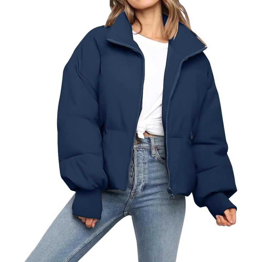 Women’s Dark Blue Jacket Puffer Coat Long Sleeve Winter Baggy Zip Outerwear